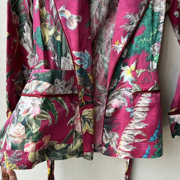 F.R.S For Restless Sleepers Burgundy Tropical‎ Floral Silk Kimono Jacket Size XS - Picture 4 of 9